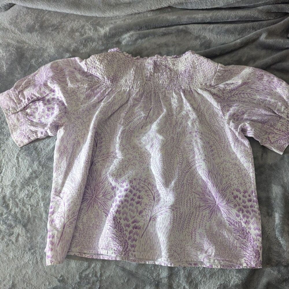 Cottagecore Talbots Linen Cotton Smocked Floral Top Purple Garden Party Blouse M - Picture 5 of 8